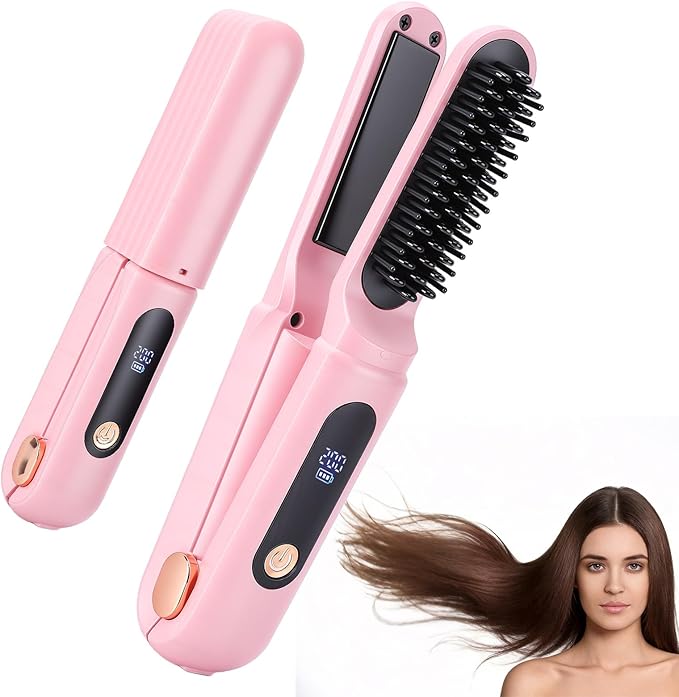 Cordless Hair Straightener Brush Portable Travel Hair Straightener 2 in 1 Cordless Mini Rechargeable Flat Iron &amp Hair Straightener Brush with Dust Cover Digital Display (Pink)