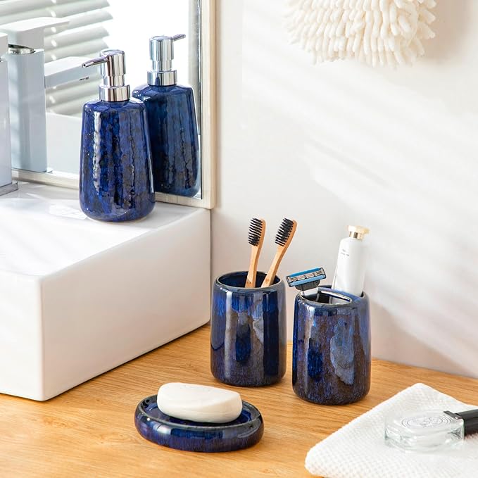 vancasso Blue Bathroom Accessories Set Ceramic Soap Dispenser and Toothbrush Holder Sets Stoneware 4 Pcs Bathroom Sink Set for Modern Home Decor Series Starry