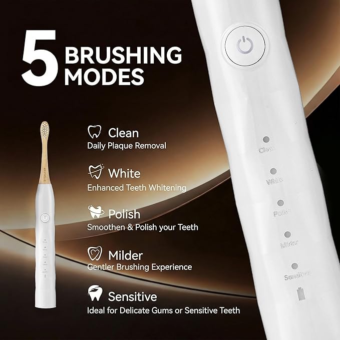 Electric Toothbrush with 4 Bamboo Heads Bamboo Electric Toothbrush for Adults Soft Castor Oil Bristles 5 Modes Smart Timer Sonic Technology IPX7 Waterproof 60-Day Battery Life-White