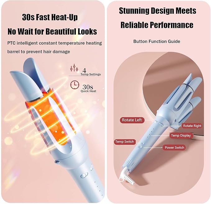 Automatic Curling Iron Hair Curler Salon Styling 4 Const Temp30s Fast Heating2-Way RotationAnti-ScaldAnti-Tangle30Min Auto Shut-OffPlant Protein Coating for Shiny All Hair Types (Gold)