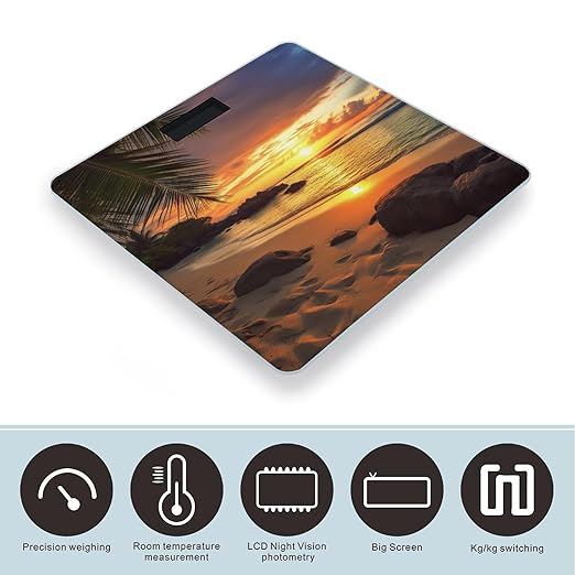 Digital Bathroom Scale Tropical Beach Coastal Sunsetprinted Accurate Weight Scale400lb Capacity LCD DisplayvStep-on Technology Tempered Glass