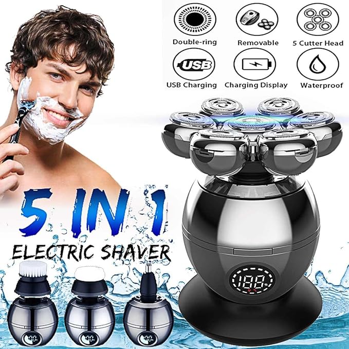 Head Shavers for Bald Men 5 in 1 Men's Rechargeable Bald Head Electric Shaver 7D LCD Display Beard Nose Ear Hair Trimmer Men Facial Cleaning Brush