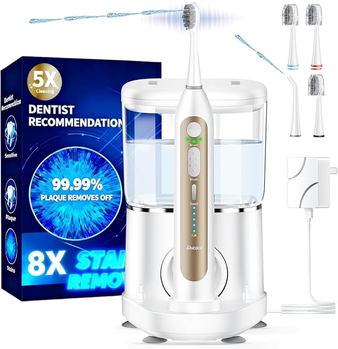 Electric Toothbrush with Water Flosser Upgraded 2.0 Electric Toothbrush for Adults 5 Floss Speeds &amp 3 Modes with 3 Brush + 1 Nozzle 500ML Tank IPX7 Waterproof for Braces &amp Gum Care - White