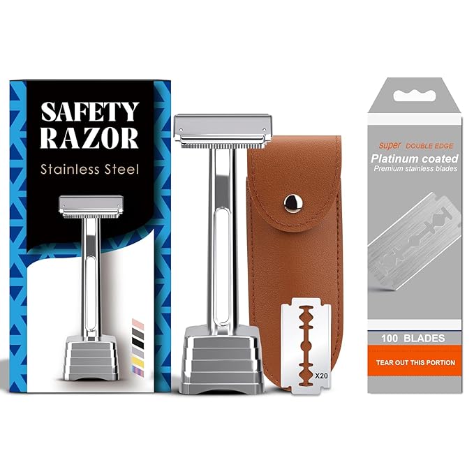Safety Razor Set and 100 Double Edge Blades Silver