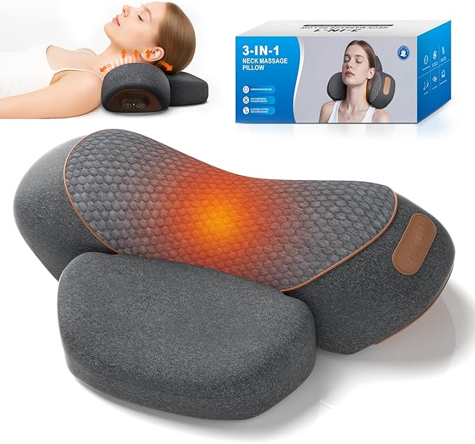 Neck Massager Pillow with Heat 3-in-1 Shiatsu &amp Cervical Traction for Pain Relief Ergonomic Shoulder Massager and Posture Corrector for Men &amp Women Corded Electric（Dark Gray）