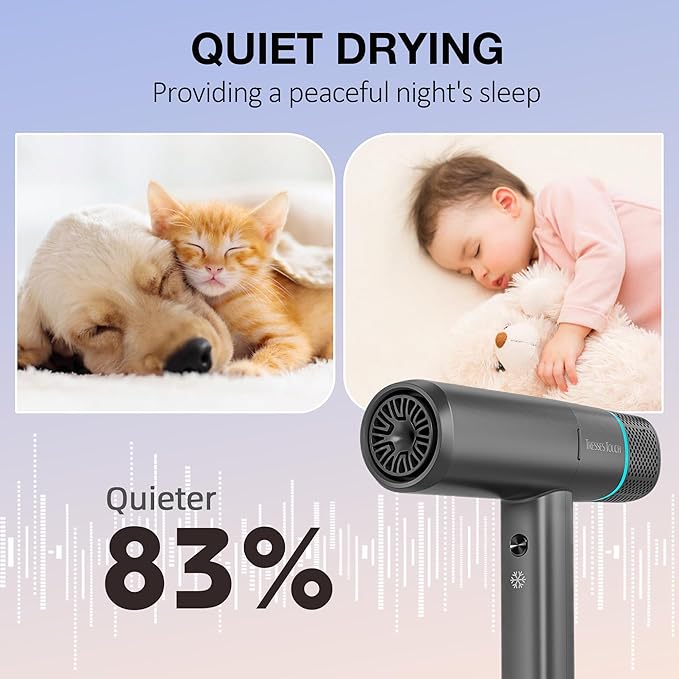 Ionic Hair Dryer with Diffuser and Concentrator Professional Lightweight Quiet Blow Dryer Powerful 1600 Watt Motor for Fast Drying and Straight &amp Wavy Hair 3 Temps/2 Speeds 6.56 Ft Cord Grey