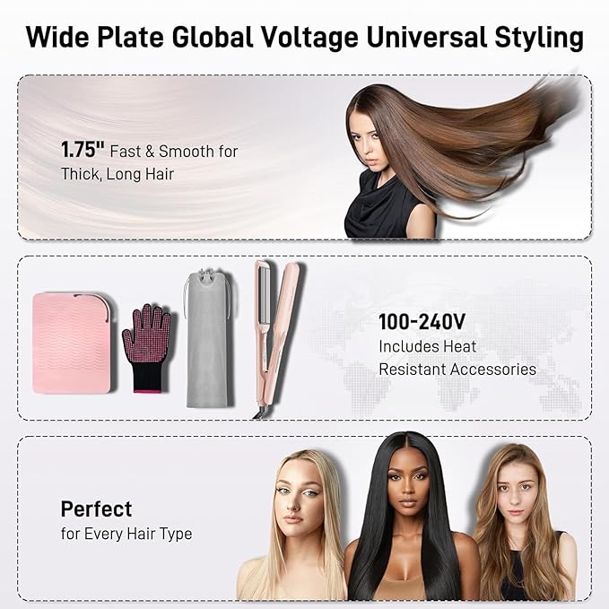 Flat Iron Hair Straightener – 1.75” Ceramic Infrared Ionic Flat Iron with 5s Fast Heat-Up Vibration Technology LCD Temp Control Dual Voltage Anti-Frizz Styling for All Hair Types