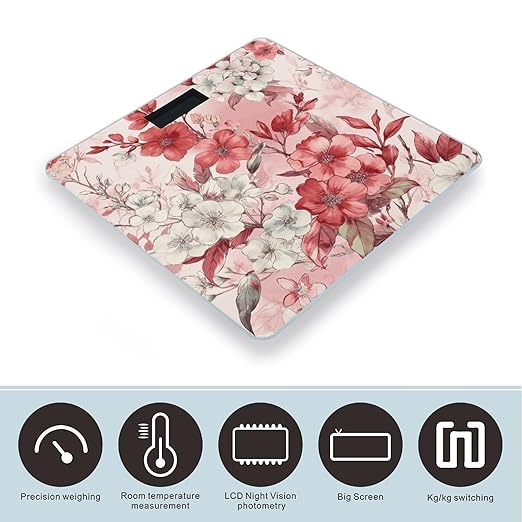 Peach Floral Pattern Scale for Body Weight Anti-Slip Tempered Glass Digital Bathroom Scales Clear LCD Display Weighing Scale Safe Rounded Corners Smart Scales