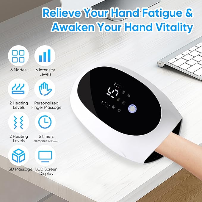 Hand Massager Heat and Compression Deep Kneading &amp Intermittent Negative Pressure Therapy 6 Modes &amp Intensities Electric Hand Massager Carpal Tunnel and Finger Joint Care