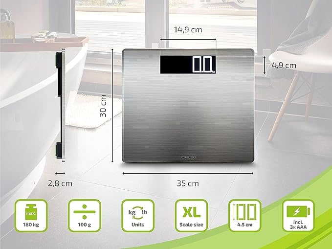 Soehnle Digital Personal Scale Style Sense Safe 300 – High Precision Bathroom Scale with XXL Stainless Steel Surface Anti-Fingerprint Auto On/Off Large LCD Display 180kg Capacity