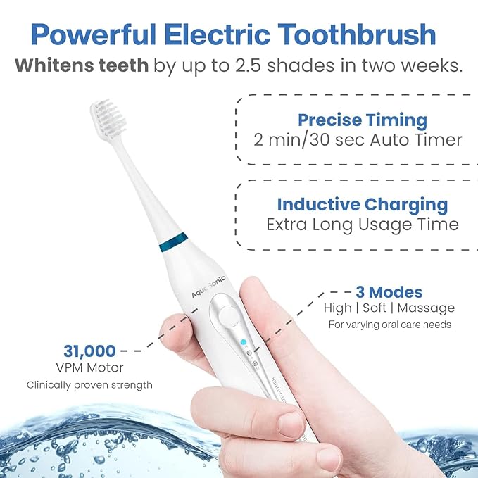 AquaSonic Home Dental Center Rechargeable Power Toothbrush &amp Smart Water Flosser - Complete Family Oral Care System - 10 Attachments and Tips Included - Various Modes &amp Timers (White)