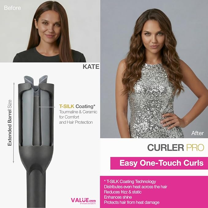 Easy Curl Automatic Curling Iron - Curler Pro Long Barrel Beach Wave Curler | Curly Hair Products: Hair Curler Automatic Rotating Curling Wand 1 1/4 Inch | Value Series By Atelier Lisa Qualite