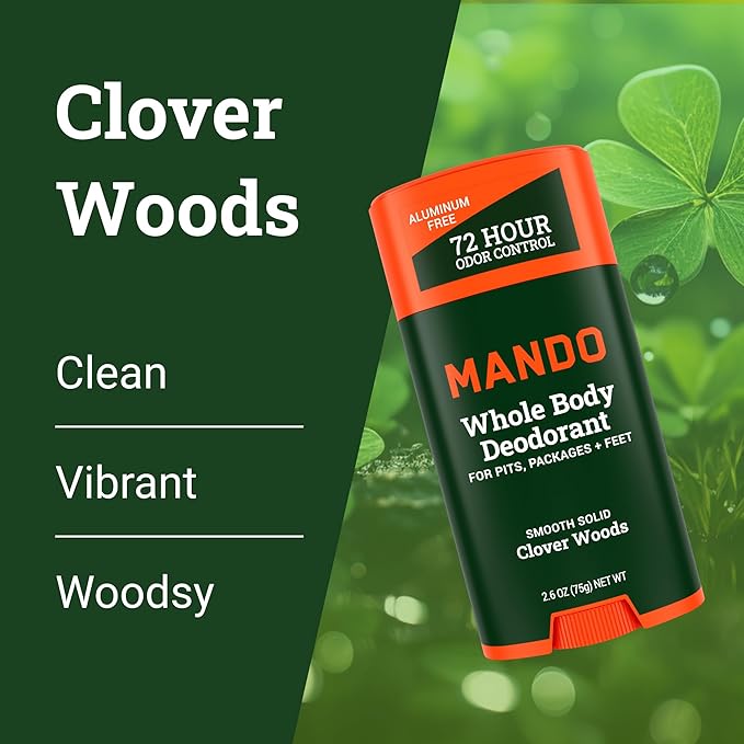 Mando Whole Body Deodorant For Men - Smooth Solid Stick - 72 Hour Odor Control - Aluminum Free Baking Soda Free Skin Safe - 2.6 Ounce (Pack of 2) - Clover Woods