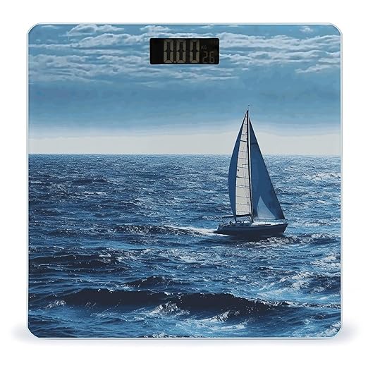 Blue Sea Sailboat Scale for Body Weight Anti-Slip Tempered Glass Digital Bathroom Scales Clear LCD Display Weighing Scale Safe Rounded Corners Smart Scales