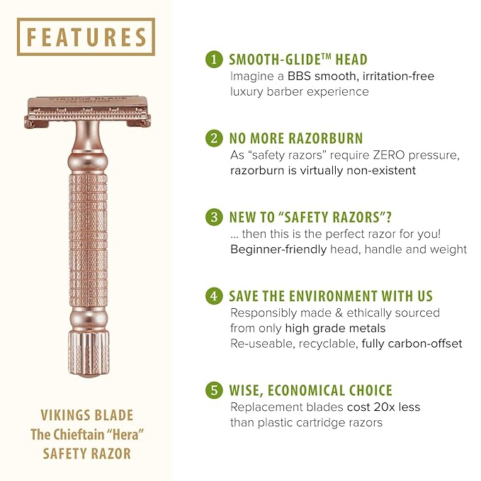 VIKINGS BLADE Double Edge Safety Razor + 5 Swedish Steel Blades + Luxury Case. Smooth Reusable Recyclable (Chieftain Hera)