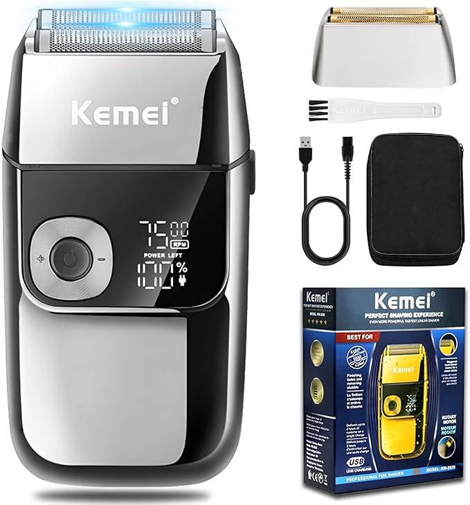 KEMEI Electric Razors for Men LCD Display Cordless Men's Razors USB Rechargeable with Pop-up Beard Trimmer Best Worldwide Travel Gift Model KM 2028 Silver