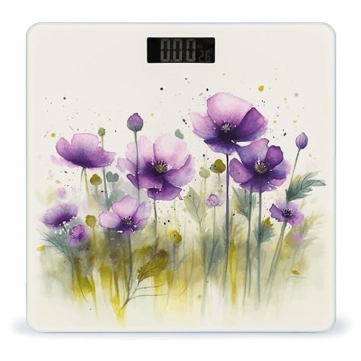 Watercolor Purple Flowers Digital Bathroom Scale for Body Weight with High Precision Digital Weighing Scale with BMI Clear LCD Display and Step-On Measures Weight Up to 180kg