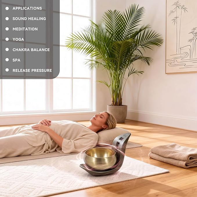 Automatic Singing Bowl – Hands-Free Sound Healing Bowl for Meditation Yoga Mindfulness Energy Healing Deep Relaxation &amp SleepAuto-Striking Himalayan Singing Bowl with Resonant Tone