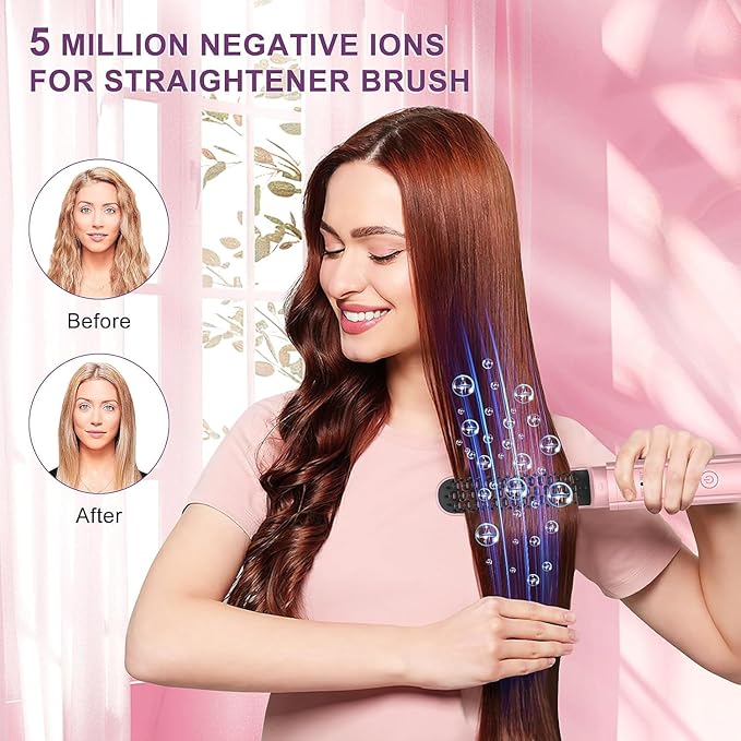 2 Pack Hair Straightener Brush and Curling Iron CordlessTravel Curling Iron Set Negative Ion Thermal Brush Hot Comb Fast Heating Type-C Rechargeable