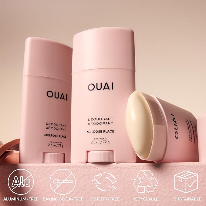 OUAI Aluminum Free Deodorant - Women's Deodorant with 24-Hour Odor Control &amp Invisible Application - Enriched with Notes of Rose Berry Lychee &amp Pink Peppercorn - Melrose Place (2.5 oz)