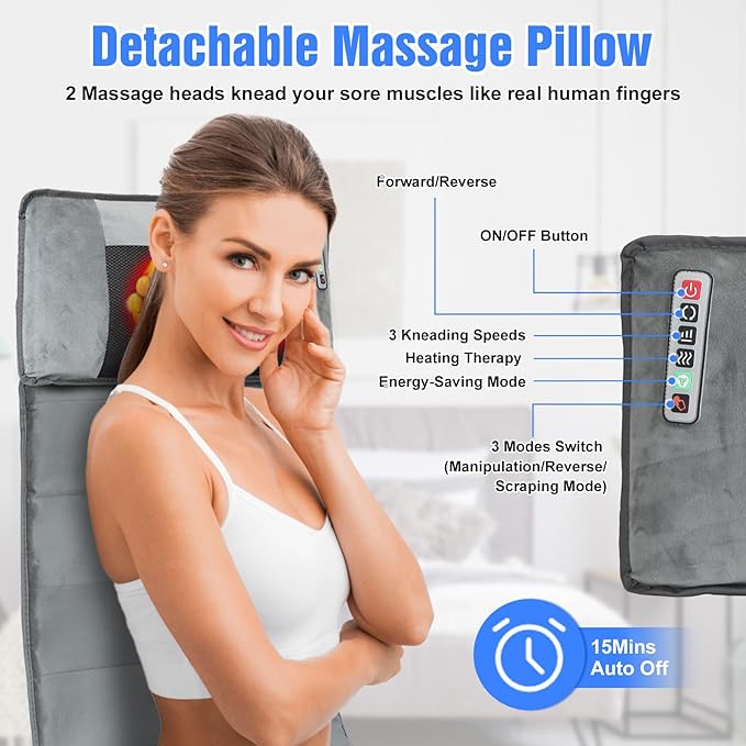 Full Body Massage Mat with HeatElectric Massage Pad with Shiatsu Neck Back Massage PillowMassage Mattress Chair Pad W/ 10 Vibration Motors 3 Heating Levels for NeckBack&ampFull Body Pain Relief