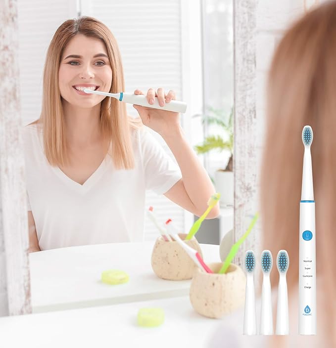 Pursonic Sonic Technology Electric Toothbrush for Kids and Adults 2 Minute Timer Powered Rechargeable Toothbrush 5 Modes 3 Brush Heads 30 Days Long Battery Life Waterproof White