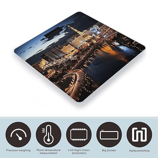 Las Vegas Night ViewScale for Body Weight with LCD High Precision Weighing Scales Fashion Sturdy Tempered Glass Weight Scales Easy-to-Read Digital Bathroom Scale for Daily 400lb