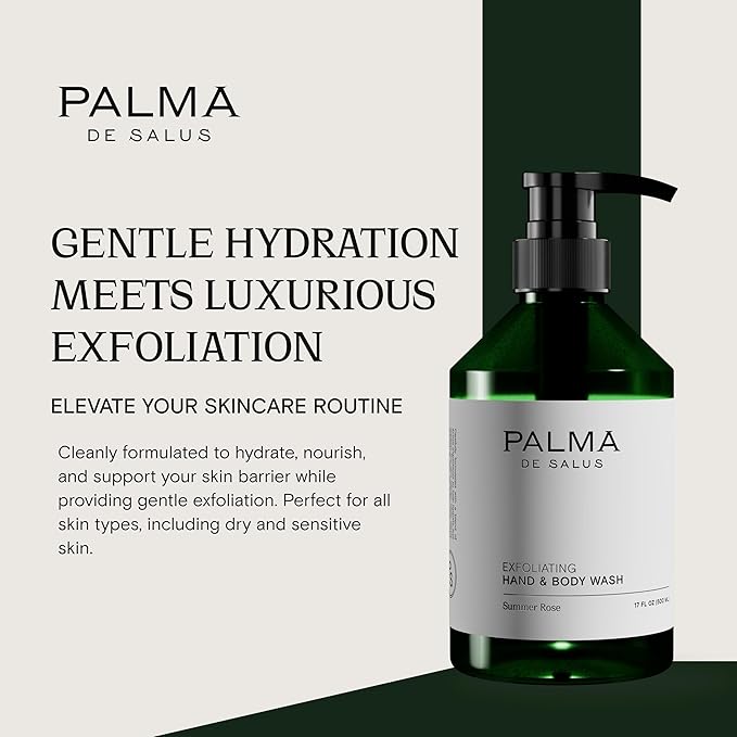Exfoliating Hand &amp Body Wash (Organic Summer Rose) | Hydrating Cleanser with Avocado Oil Betaine from Sugar Beets &amp Olive Pits – Plant-Based Scrub for Glowing Skin | 17 fl oz