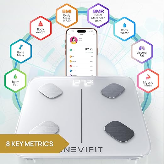 INEVIFIT Smart Body Fat Scale Highly Accurate Bluetooth Digital Bathroom Body Composition Analyzer Measures Weight Body Fat Water Muscle Visceral Fat &amp Bone Mass for Unlimited Users (Eco-Wht