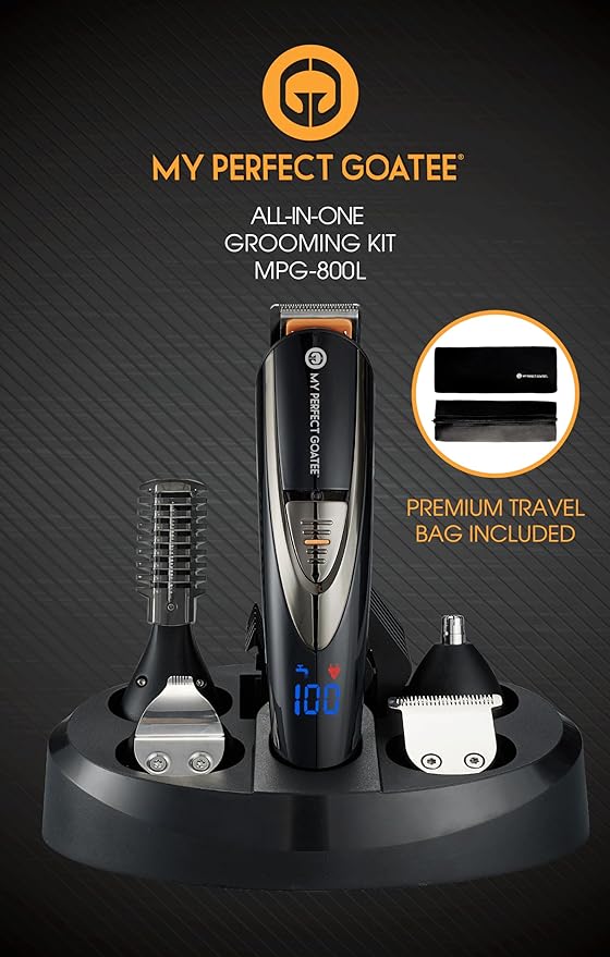 My Perfect Goatee®️ 13-in-1 Mens Grooming Kit - LED Display Beard Trimming Kit with Travel Bag Charging Stand &amp More - Waterproof Cordless Electric Trimmer for Nose Body &amp More – Ideal Gi