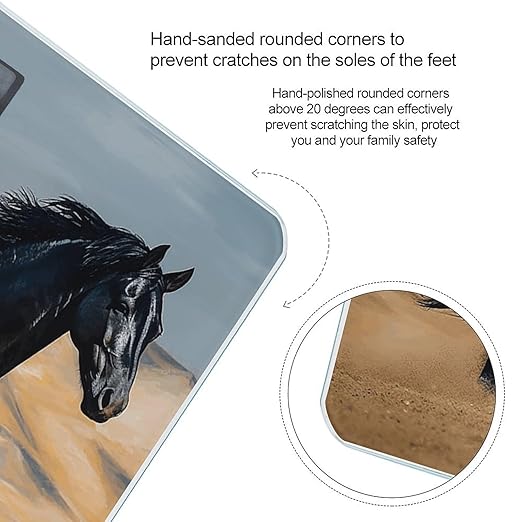 Black Arabian Horse Scale for Body Weight Anti-Slip Tempered Glass Digital Bathroom Scales Clear LCD Display Weighing Scale Safe Rounded Corners Smart Scales