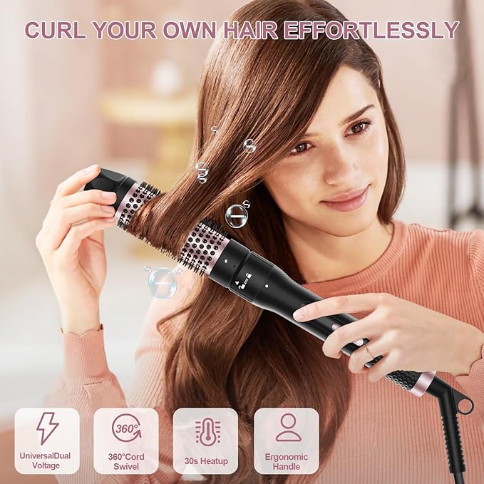 Thermal Brush 1.5 inch Heated Round Curling Brush Hair Straightening Styler Less Frizz Hair Hot Straightener with Detachable Head for Salon Style