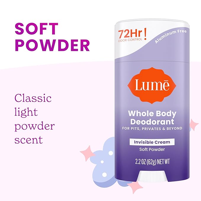 Lume Whole Body Deodorant - Invisible Cream Stick - 72 Hour Odor Control - Doctor Developed - Aluminum Free Baking Soda Free and Skin Loving - 2.2 Ounce (2 pack) (Soft Powder &amp Clean Tangerine)