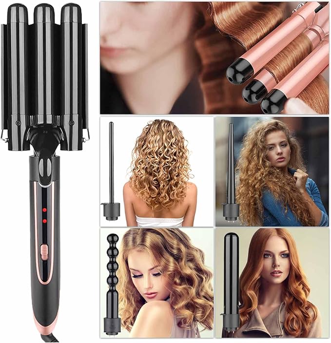 Curling Iron - 3 Barrel Hair Crimper Iron - 5 in 1 Curling Wand Hair Wand with Fast Heating Up - Crimper Wand Curler for All Hair Types Heat Protective Glove &amp 2 Clips Included