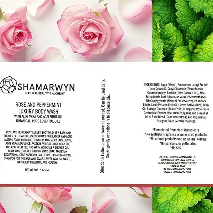 shamarwyn Body Wash Rose and Peppermint Natural Organic Hydrating with Aloe Vera &amp Acaí Fruit Oil 8oz