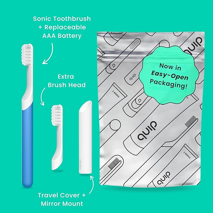 Quip Sonic Electric Toothbrush for Adults - Time Travel &amp Soft Bristles with Travel Case &amp Replacement Brush Head - 3 Month Battery Life Plastic Handle - Blue