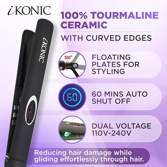 IKonic 100% Tourmaline Ceramic Hair Straightener &amp Curler– Anti-Static Infrared Ionic 2-in-1 Dual Voltage Flat Iron –1” Floating Plates Adjustable Temp 140–450°F Frizz-Free &amp Fast Heat Hair