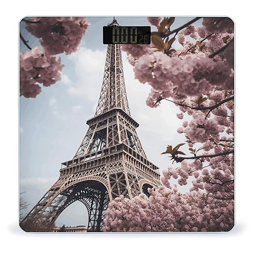 Eiffel Tower Blossoms Scale for Body Weight Anti-Slip Tempered Glass Digital Bathroom Scales Clear LCD Display Weighing Scale Safe Rounded Corners Smart Scales