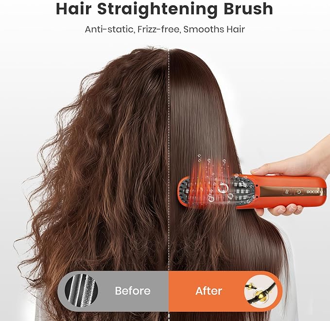 Cordless Hair Straightener Brush DOCOCO Straightening Brush with Adjustable Temperature Heat Brush Hair Straightener for Smooth Anti Frizz Hair Thick Curly Hair Brush Straightener for Women