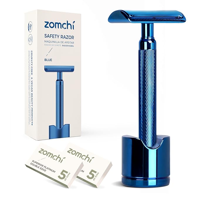 Double Edge Safety Razor with Razor Stand with 100 Counts Safety Razor Blades for Shaving and Razor Blade Bank