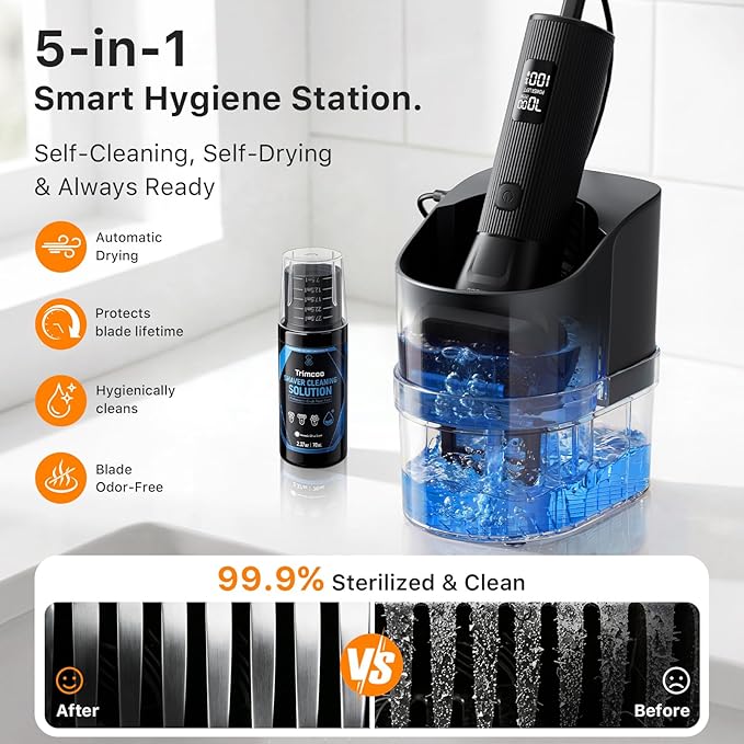 Electric Shaver for Men - Trimcoo 5-Blade Foil Razor Kit | Gentle on Sensitive Skin | Self-Cleaning Center USB-C Charging 180min Runtime IPX7 Wet/Dry Use with Pop-Up Trimmer Ideal Grooming Gift