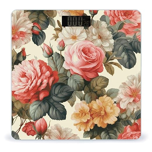 Vintage Floral Scale with LCD Easy-to-Read Anti-Slip Weight Digital Bathroom Scale Precision Weighing Scales Sturdy Tempered Glass Body Weight Scales for Daily Use