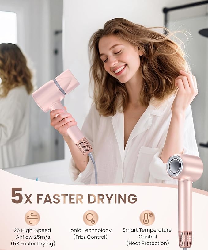 Hair Dryer Professional 140000 RPM High-Speed Brushless Motor Negative Ionic Low Noise Blow Dryer for Fast Drying Thermo-Control Quiet with Magnetic Nozzle for Home Travel Salon UsePink