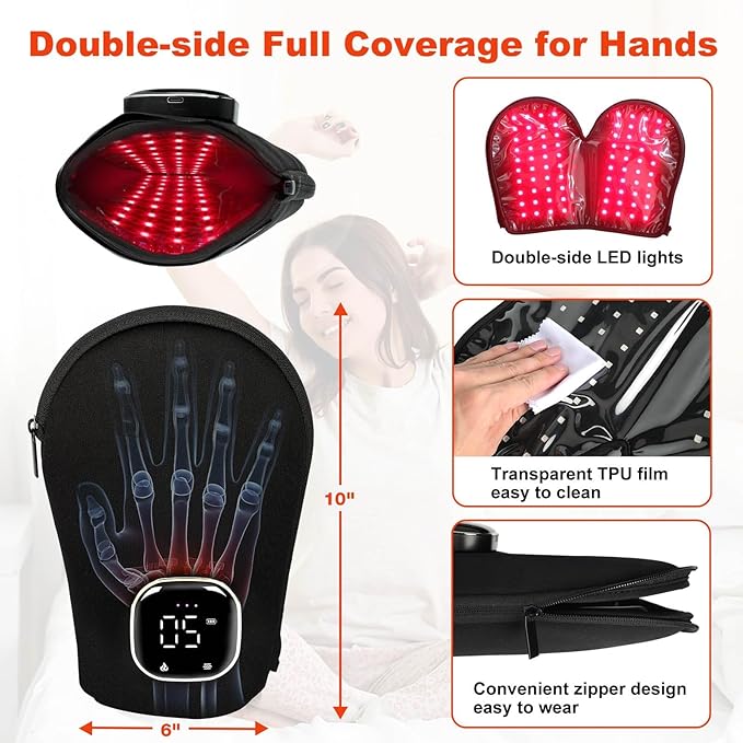 LOVTRAVEL 660nm Red Light Therapy Glove for Hand 850nm Near Infrared Light Device Mitten with Auto-Off Timer Rechargeable Pad for Hands Fingers Wrist Arthritis Joint Pain Relief