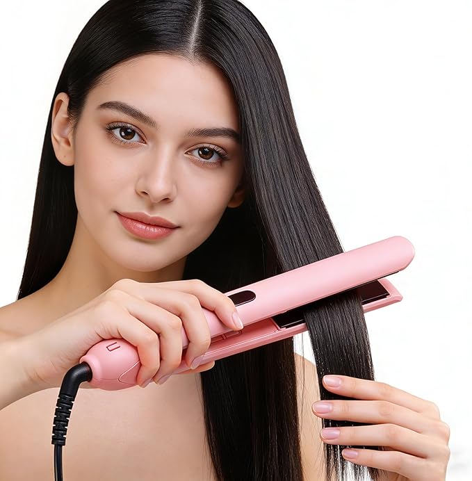 Professional Hair Straightener Black Titanium Flat Iron with LCD Display MCH Hot Plate 360-Degree Rotating Cord 2-in-1 Straightening and Curling (Light Pink)
