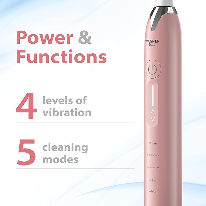 Wagner Stern Ultrasonic whitening Toothbrush with Pressure Sensor. 5 Brushing Modes and 4 Levels of Intensity 8 Soft bristles Travel case.
