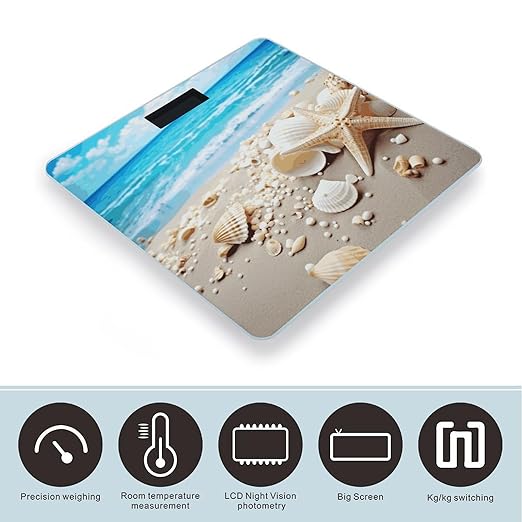 Ocean Sea Beach Seashells Starfish Blue Weight Scale Digital Electronic Scales Bathroom Scale Larg LCD Backlight Display High Precision MeasurementsTempered Glass