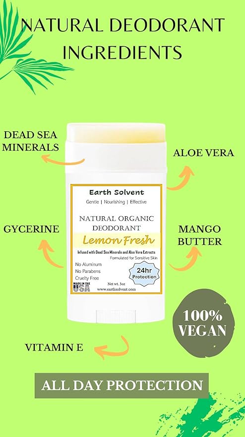 Magnesium Deodorant Vegan Natural Organic Dead Sea Minerals &amp Aloe Vera For Sensitive Skin 24hr Protection Aluminum Free Paraben Free Baking Soda Free Cruelty Free - For Men &amp Women (Lemon