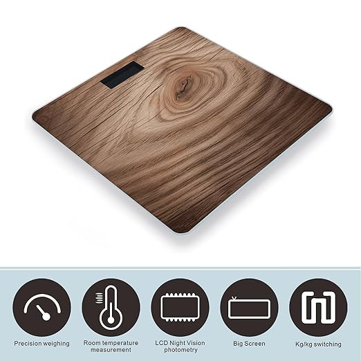 Wood Grain Scale for Body Weight Anti-Slip Tempered Glass Digital Bathroom Scales Clear LCD Display Weighing Scale Safe Rounded Corners Smart Scales