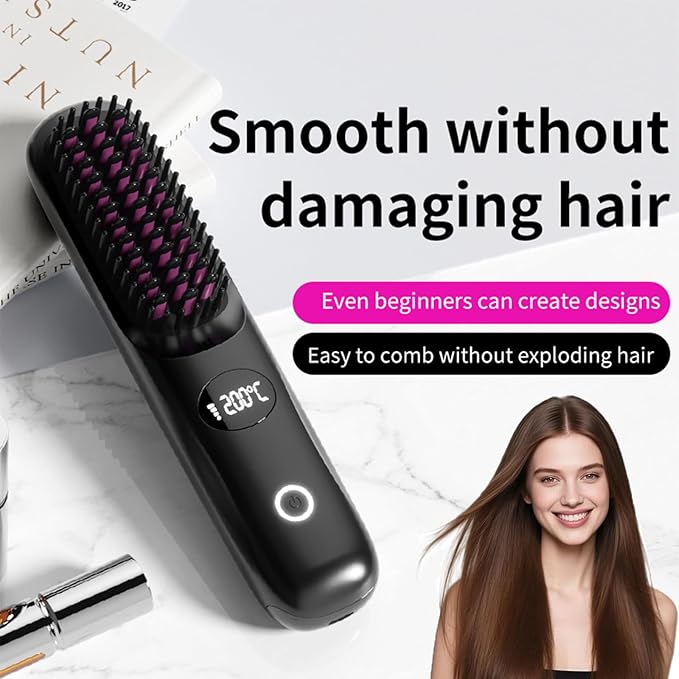 Cordless Hair Straightener Brush Go Brush Pro Portable Mini Straightening Brush for Women with 3 Temperature Settings LED Display Fast Heating Hair Straightener Comb for Travel Smooth Frizz Hair
